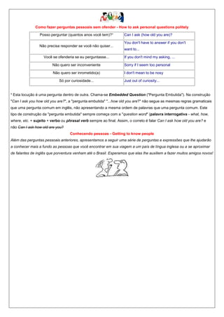 Como fazer perguntas pessoais sem ofender - How to ask personal questions politely
Posso perguntar (quantos anos você tem)?¹
Não precisa responder se você não quiser...
Você se ofenderia se eu perguntasse...

Can I ask (how old you are)?
You don't have to answer if you don't
want to...
If you don't mind my asking, ...

Não quero ser inconveniente

Sorry if I seem too personal

Não quero ser inrometido(a)

I don't mean to be nosy

Só por curiosidade...

Just out of curiosity...

¹ Esta locução é uma pergunta dentro de outra. Chama-se Embedded Question ("Pergunta Embutida"). Na construção
"Can I ask you how old you are?", a "pergunta embutida" "...how old you are?" não segue as mesmas regras gramaticais
que uma pergunta comum em inglês, não apresentando a mesma ordem de palavras que uma pergunta comum. Este
tipo de construção da "pergunta embutida" sempre começa com a "question word" (palavra interrogativa - what, how,
where, etc. + sujeito + verbo ou phrasal verb sempre ao final. Assim, o correto é falar Can I ask how old you are? e
não Can I ask how old are you?
Conhecendo pessoas - Getting to know people
Além das perguntas pessoais anteriores, apresentamos a seguir uma série de perguntas e expressões que lhe ajudarão
a conhecer mais a fundo as pessoas que você encontrar em sua viagem a um país de língua inglesa ou a se aproximar
de falantes de inglês que porventura venham até o Brasil. Esperamos que elas lhe auxiliem a fazer muitos amigos novos!

 