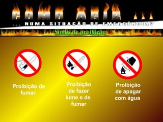 Proibição
de fazer
lume e de
fumar
Sinais de proibiçãoSinais de proibição
Proibição de
fumar
Proibição
de apagar
com água
 