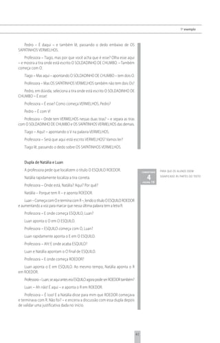 1 o exemplo



   Pedro – É daqui – e também lê, passando o dedo embaixo de OS
SAPATINHOS VERMELHOS.
    Professora – Tiago, mas por que você acha que é esse? Olha esse aqui
– e mostra a tira onde está escrito O SOLDADINHO DE CHUMBO. – Também
começa com O.
   Tiago – Mas aqui – apontando O SOLDADINHO DE CHUMBO – tem dois O.
   Professora – Mas OS SAPATINHOS VERMELHOS também não tem dois Os?
   Pedro, em dúvida, seleciona a tira onde está escrito O SOLDADINHO DE
CHUMBO – É esse!
   Professora – É esse? Como começa VERMELHOS, Pedro?
   Pedro – É com V!
   Professora – Onde tem VERMELHOS nessas duas tiras? – e separa as tiras
com O SOLDADINHO DE CHUMBO e OS SAPATINHOS VERMELHOS das demais.
   Tiago – Aqui! – apontando o V na palavra VERMELHOS.
   Professora – Será que aqui está escrito VERMELHOS? Vamos ler?
   Tiago lê, passando o dedo sobre OS SAPATINHOS VERMELHOS.


   Dupla de Natália e Luan
   A professora pede que localizem o título O ESQUILO ROEDOR.                        comentário   para que os alunos deem

   Natália rapidamente localiza a tira correta.                                         4 19
                                                                                     página
                                                                                                  significado às partes do texto


   Professora – Onde está, Natália? Aqui? Por quê?
   Natália – Porque tem R – e aponta ROEDOR.
    Luan – Começa com O e termina com R –, lendo o título O ESQUILO ROEDOR
e aumentando a voz para marcar que nessa última palavra tem a letra R.
   Professora – E onde começa ESQUILO, Luan?
   Luan aponta o O em O ESQUILO.
   Professora – ESQUILO começa com O, Luan?
   Luan rapidamente aponta o E em O ESQUILO.
   Professora – Ah! E onde acaba ESQUILO?
   Luan e Natália apontam o O final de ESQUILO.
   Professora – E onde começa ROEDOR?
   Luan aponta o E em ESQUILO. Ao mesmo tempo, Natália aponta o R
em ROEDOR.
   Professora – Luan, se aqui antes era ESQUILO agora pode ser ROEDOR também?
   Luan – Ah não! É aqui – e aponta o R em ROEDOR.
    Professora – É isso! E a Natália disse para mim que ROEDOR começava
e terminava com R. Não foi? – e encerra a discussão com essa dupla depois
de validar uma justificativa dada no início.




                                                                                41
 