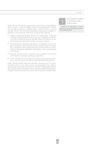 1 o exemplo



                                                                                      para favorecer a construção
                                                                         comentário

                                                                            5
                                                                                      de conhecimentos sobre o
                                                                                      sistema de escrita
Dizer em voz alta aquilo que escreve, que foi formulado e ditado
                                                                            Professora vai registrando na lousa e
pelos alunos, é uma estratégia muito interessante para favore-
                                                                         falando em voz alta o que está escrevendo –
cer que eles observem a relação entre o que se fala e o que se
                                                                         DAVA URROS DE RAIVA.
escreve. Nesse caso, ao dizer cada palavra enquanto a registra, a
professora permite que observem os seguintes aspectos:
•	 Todas as palavras ditadas devem ser registradas – algumas
   crianças em processo de construção da compreensão da lei-
   tura têm a hipótese de que não são todas as palavras de um
   enunciado que aparecem escritas, apenas os nomes.
•	 As palavras são escritas com letras – já sabemos que em al-
   gum momento inicial do processo de alfabetização as crian-
   ças consideram que é possível grafar usando símbolos inven-
   tados ou grafismos repetidos e alinhados, como os pauzinhos
   ou bolinhas.
•	 Há uma relação entre a maneira como a palavra é dita, sua
   sonoridade, e as letras usadas para grafá-la.
•	 A necessidade de incluir espaços separando as palavras escri-
   tas, o que não ocorre na fala, quando são ditas sem pausas.
Cada criança poderá observar relações diferentes entre o que a
professora diz e o que está escrito. Isso dependerá dos conheci-
mentos que cada uma já construiu. Porém, todas podem apren-
der a partir dessa informação oferecida pela professora numa si-
tuação contextualizada de escrita como a que foi exemplificada.




                                                                    85
 