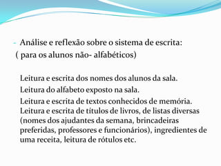 - Análise e reflexão sobre o sistema de escrita:

( para os alunos não- alfabéticos)
Leitura e escrita dos nomes dos alunos da sala.
Leitura do alfabeto exposto na sala.
Leitura e escrita de textos conhecidos de memória.
Leitura e escrita de títulos de livros, de listas diversas
(nomes dos ajudantes da semana, brincadeiras
preferidas, professores e funcionários), ingredientes de
uma receita, leitura de rótulos etc.

 