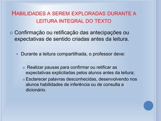 HABILIDADES A SEREM EXPLORADAS DURANTE A
LEITURA INTEGRAL DO TEXTO
 Confirmação ou retificação das antecipações ou
expectativas de sentido criadas antes da leitura.
 Durante a leitura compartilhada, o professor deve:
 Realizar pausas para confirmar ou retificar as
expectativas explicitadas pelos alunos antes da leitura;
 Esclarecer palavras desconhecidas, desenvolvendo nos
alunos habilidades de inferência ou de consulta a
dicionário.
 