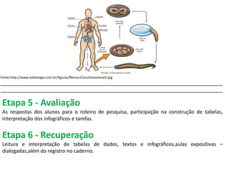 Fonte:http://www.sobiologia.com.br/figuras/Reinos2/ancilostomose2.jpg
_______________________________________________________________________________
_______________________________________________________________________________
Etapa 5 - Avaliação
As respostas dos alunos para o roteiro de pesquisa, participação na construção de tabelas,
interpretação dos infográficos e tarefas.
Etapa 6 - Recuperação
Leitura e interpretação de tabelas de dados, textos e infográficos,aulas expositivas –
dialogadas,além do registro no caderno.
 