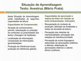 Situação de Aprendizagem
Texto: Avestruz (Mário Prata)
Nesta Situação de Aprendizagem
serão trabalhadas as seguintes
capacidades de leitura:
Capacidades de Compreensão:
 Ativação de conhecimentos
prévios; antecipação ou predição
de conteúdos ou propriedades dos
textos; checagem de hipóteses;
 Localização de informações;
comparação de informações;
generalizações;
 Produção de inferências locais;
produção de inferências globais.
Capacidades de apreciação e
réplica do leitor em relação ao
texto (interpretação, interação):
 Recuperação do contexto de
produção; definição de finalidades e
metas da atividade de leitura;
 Percepção das relações de
intertextualidade; percepção das
relações de interdiscursividade;
 Percepção de outras linguagens;
elaboração de apreciações estéticas
e afetivas; elaboração de
apreciações relativas a valores
éticos e políticos.
 