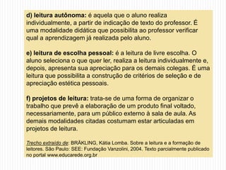 d) leitura autônoma: é aquela que o aluno realiza
individualmente, a partir de indicação de texto do professor. É
uma modalidade didática que possibilita ao professor verificar
qual a aprendizagem já realizada pelo aluno.
e) leitura de escolha pessoal: é a leitura de livre escolha. O
aluno seleciona o que quer ler, realiza a leitura individualmente e,
depois, apresenta sua apreciação para os demais colegas. É uma
leitura que possibilita a construção de critérios de seleção e de
apreciação estética pessoais.
f) projetos de leitura: trata-se de uma forma de organizar o
trabalho que prevê a elaboração de um produto final voltado,
necessariamente, para um público externo à sala de aula. As
demais modalidades citadas costumam estar articuladas em
projetos de leitura.
Trecho extraído de: BRÄKLING, Kátia Lomba. Sobre a leitura e a formação de
leitores. São Paulo: SEE: Fundação Vanzolini, 2004. Texto parcialmente publicado
no portal www.educarede.org.br
 