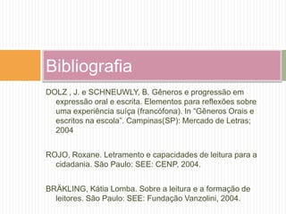 DOLZ , J. e SCHNEUWLY, B. Gêneros e progressão em
expressão oral e escrita. Elementos para reflexões sobre
uma experiência suíça (francófona). In “Gêneros Orais e
escritos na escola”. Campinas(SP): Mercado de Letras;
2004
ROJO, Roxane. Letramento e capacidades de leitura para a
cidadania. São Paulo: SEE: CENP, 2004.
BRÄKLING, Kátia Lomba. Sobre a leitura e a formação de
leitores. São Paulo: SEE: Fundação Vanzolini, 2004.
Bibliografia
 