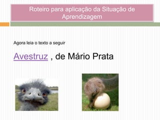 Roteiro para aplicação da Situação de
Aprendizagem
Agora leia o texto a seguir
Avestruz , de Mário Prata
 