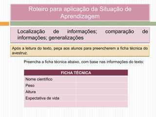 Roteiro para aplicação da Situação de
Aprendizagem
Localização de informações; comparação de
informações; generalizações
FICHA TÉCNICA
Nome científico
Peso
Altura
Expectativa de vida
Preencha a ficha técnica abaixo, com base nas informações do texto:
Após a leitura do texto, peça aos alunos para preencherem a ficha técnica do
avestruz.
 