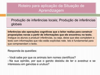 Roteiro para aplicação da Situação de
Aprendizagem
Produção de inferências locais; Produção de inferências
globais
Responda às questões:
- Você sabe por que os animais tem nomes científicos?
- Na sua opinião, por que o garoto desistiu de ter o avestruz e se
interessou em gaivotas e urubus?
Inferências são operações cognitivas que o leitor realiza para construir
proposições novas a partir de informações que ele encontrou no texto.
Instigue os alunos a produzir inferências, ou seja, deixe que eles completem o
texto com informações que não estão explícitas nele. Isto é fundamental para
que compreendam o texto.
 