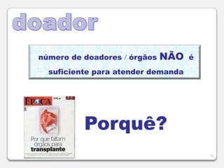  Personagens e cenárioReceptor1. indicação de  transplante doença terminal    do órgão vontade de    realizar ausência de   contra-indicaçãoPicasso