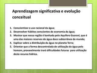 Aprendizagem significativa e evolução
conceitual
1. Conscientizar o uso racional da água;
2. Desenvolver hábitos conscientes de economia da água;
3. Mostrar que nossa região é banhada pelo Aquífero Guaraní, que é
uma das maiores reservas de água doce subterrânea do mundo;
4. Explicar sobre a distribuição da água no planeta Terra;
5. Orientar que a forma descontrolada de utilização da água pelo
homem, provavelmente trará dificuldades futuras para utilização
deste recurso hídrico.
 