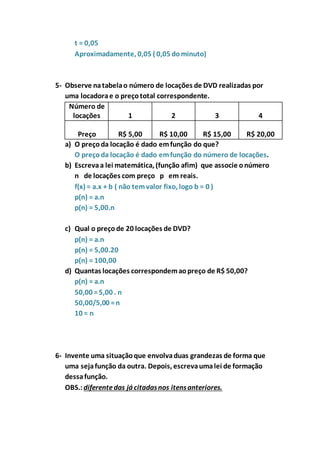t = 0,05 
Aproximadamente, 0,05 ( 0,05 do minuto) 
5- Observe na tabela o número de locações de DVD realizadas por 
uma locadora e o preço total correspondente. 
Número de 
locações 
1 
2 
3 
4 
Preço 
R$ 5,00 
R$ 10,00 
R$ 15,00 
R$ 20,00 
a) O preço da locação é dado em função do que? 
O preço da locação é dado em função do número de locações. 
b) Escreva a lei matemática, (função afim) que associe o número 
n de locações com preço p em reais. 
f(x) = a.x + b ( não tem valor fixo, logo b = 0 ) 
p(n) = a.n 
p(n) = 5,00.n 
c) Qual o preço de 20 locações de DVD? 
p(n) = a.n 
p(n) = 5,00.20 
p(n) = 100,00 
d) Quantas locações correspondem ao preço de R$ 50,00? 
p(n) = a.n 
50,00 = 5,00 . n 
50,00/5,00 = n 
10 = n 
6- Invente uma situação que envolva duas grandezas de forma que 
uma seja função da outra. Depois, escreva uma lei de formação 
dessa função. 
OBS.: diferente das já citadas nos itens anteriores. 
 
