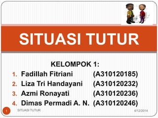 KELOMPOK 1:
1. Fadillah Fitriani (A310120185)
2. Liza Tri Handayani (A310120232)
3. Azmi Ronayati (A310120236)
4. Dimas Permadi A. N. (A310120246)
SITUASI TUTUR
4/12/20141 SITUASI TUTUR
 