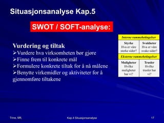 Situasjonsanalyse Kap.5 
Interne rammebetingelser 
Styrke 
Hva er våre 
sterke sider? 
Svakheter 
Hva er våre 
svake sider? 
Eksterne rammebetingelser 
Muligheter 
Hvilke 
muligheter 
har vi? 
Trusler 
Hvilke 
trusler har 
vi? 
SWOT / SOFT-analyse: 
Vurdering og tiltak 
Vurdere hva virksomheten bør gjøre 
Finne frem til konkrete mål 
Formulere konkrete tiltak for å nå målene 
Benytte virkemidler og aktiviteter for å 
gjennomføre tiltakene 
Trine, Mfl, Kap.4 Situasjonsanalyse 17 
