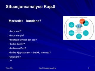 Situasjonsanalyse Kap.5 
Markedet – kundene? 
• hvor stort? 
• hvor mange? 
• hvordan utvikler det seg? 
• hvilke behov? 
• hvilken adferd? 
• hvilke kjøpskanaler – butikk, Internett? 
• økonomi? 
• ? 
Trine, Mfl, Kap.4 Situasjonsanalyse 5 
 