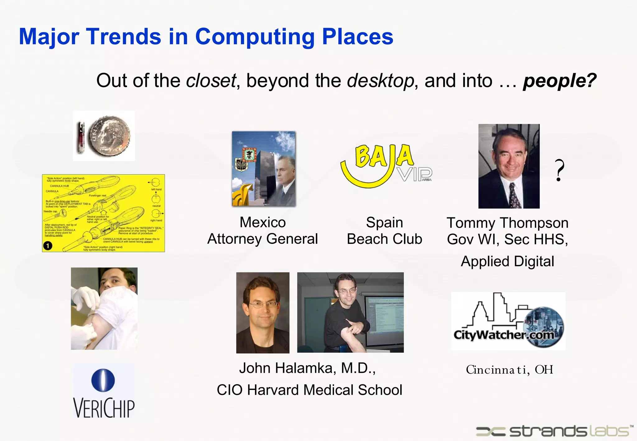 Major Trends in Computing Places Out of the  closet , beyond the  desktop , and into …  people? Mexico Attorney General Spain Beach Club Cincinnati, OH Tommy Thompson Gov WI, Sec HHS, Applied Digital John Halamka, M.D.,  CIO Harvard Medical School ? 