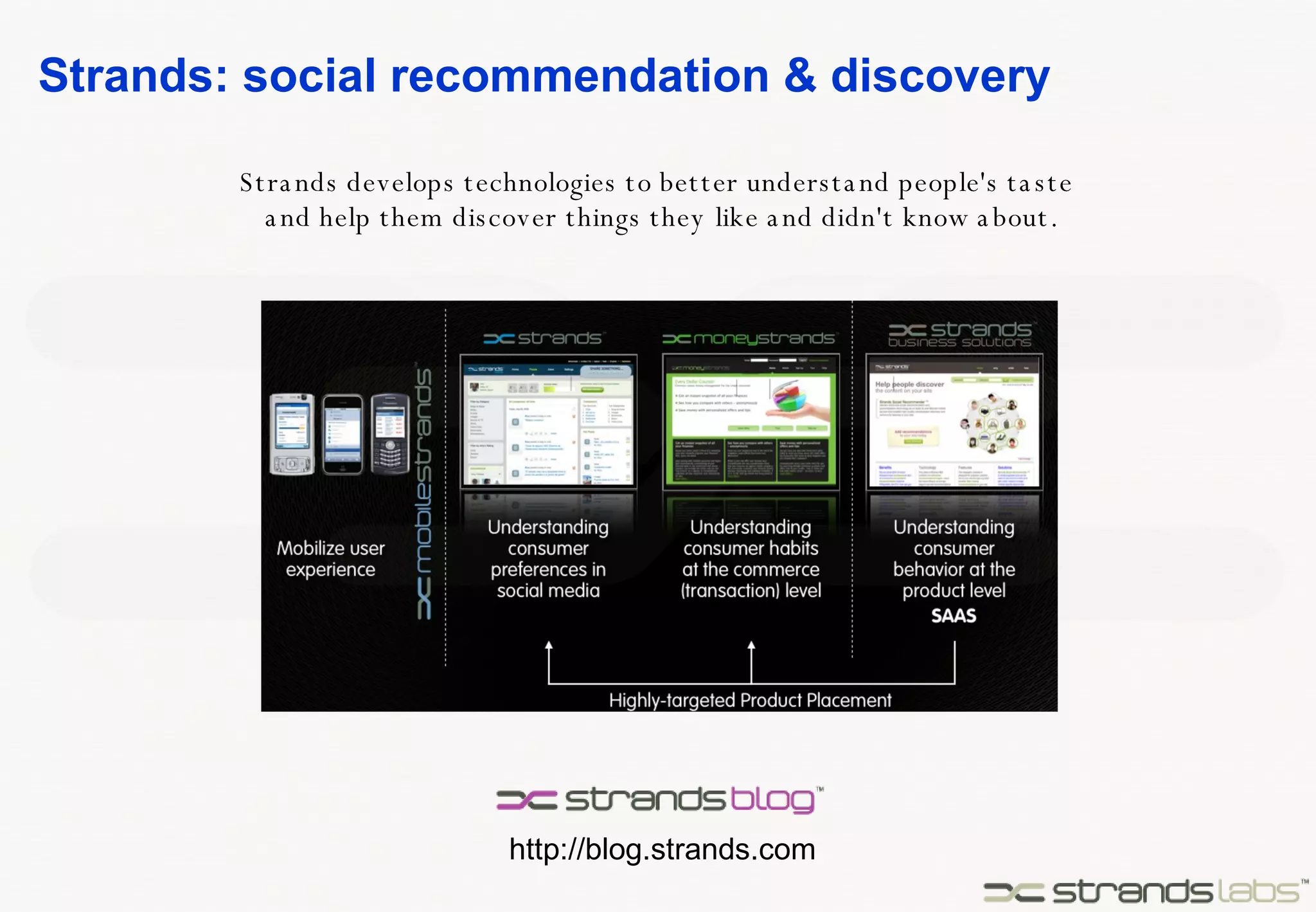 Strands: social recommendation & discovery http://blog.strands.com Strands develops technologies to better understand people's taste  and help them discover things they like and didn't know about. 
