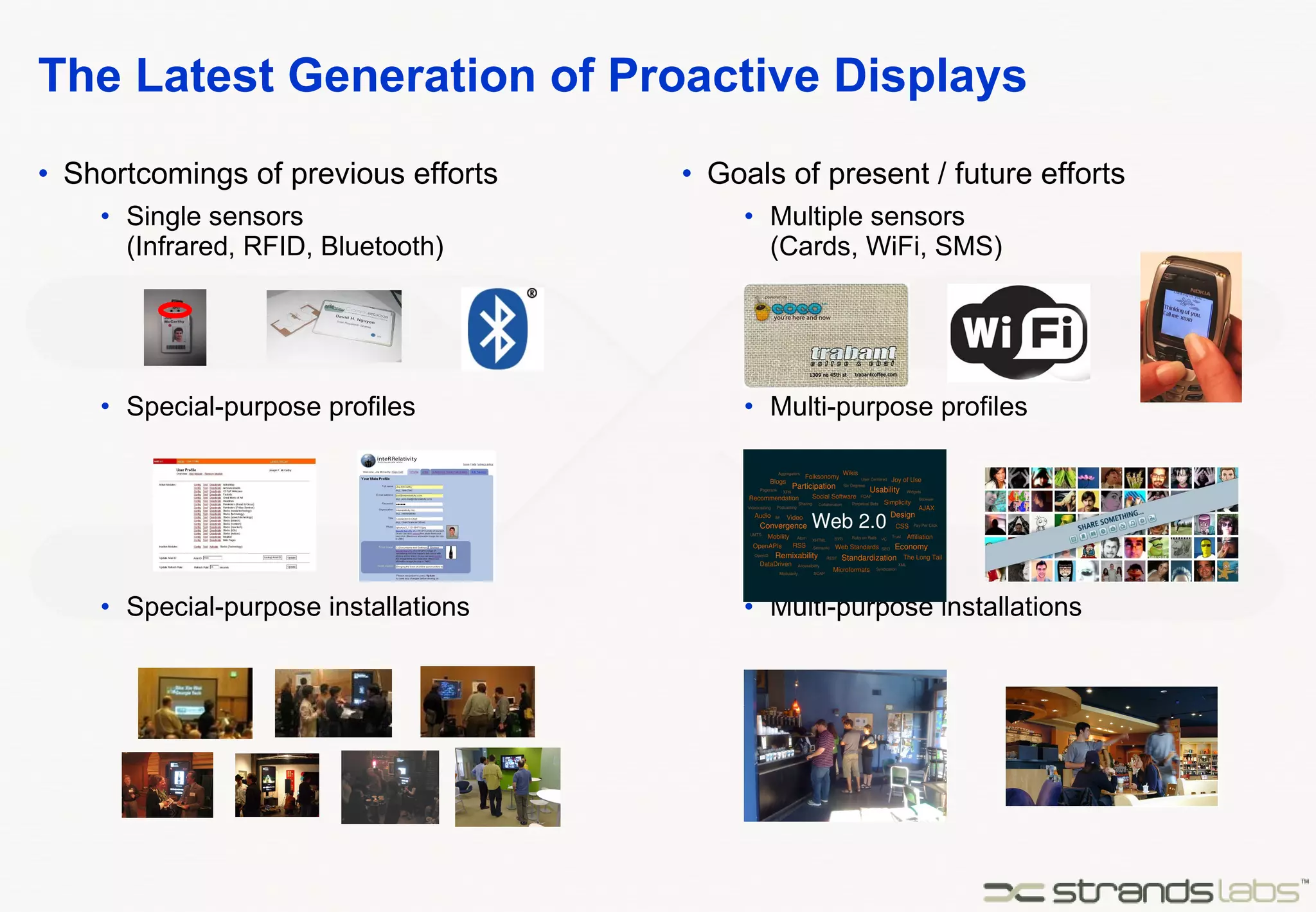 The Latest Generation of Proactive Displays Shortcomings of previous efforts Single sensors  (Infrared, RFID, Bluetooth) Special-purpose profiles Special-purpose installations Goals of present / future efforts Multiple sensors  (Cards, WiFi, SMS) Multi-purpose profiles Multi-purpose installations 