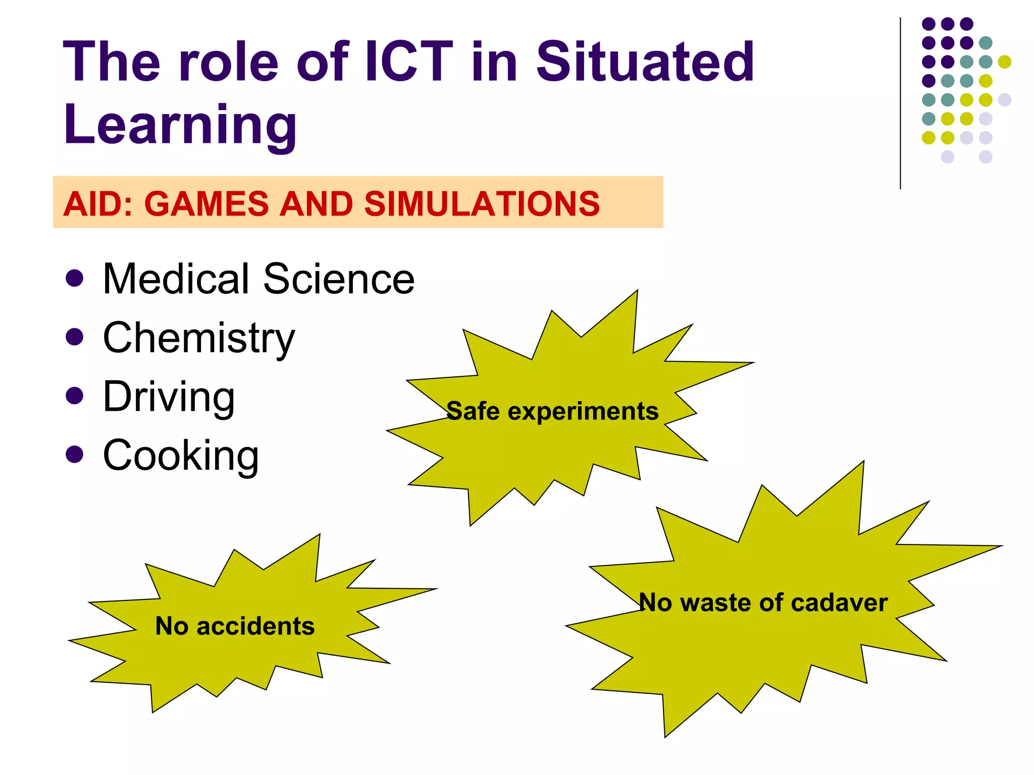 The role of ICT in Situated Learning Medical Science Chemistry Driving Cooking Sa f e experiments No waste of cadaver No accidents AID:  GAMES  AND  SIMULATIONS 