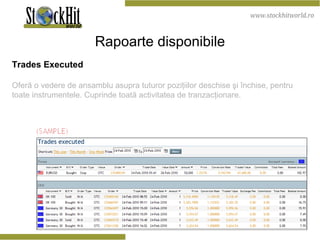 Rapoarte disponibile Trades Executed Oferă o vedere de ansamblu asupra tuturor poziţiilor deschise şi închise, pentru toate instrumentele. Cuprinde toată activitatea de tranzacţionare.  