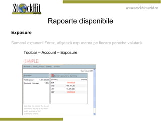 Rapoarte disponibile Exposure Sumarul expunerii Forex, afişează expunerea pe fiecare pereche valutară.  Toolbar – Account – Exposure 