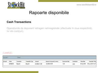 Rapoarte disponibile Cash Transactions Operaţiunile de depuneri/ retrageri neînregistrate (efectuate în ziua respectivă), în/ din cont(uri). 