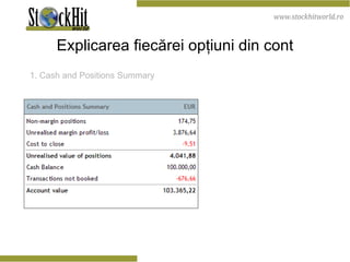 Explicarea fiecărei opţiuni din cont 1. Cash and Positions Summary   