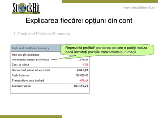 Explicarea fiecărei opţiuni din cont 1. Cash and Positions Summary   Reprezintă profitul/ pierderea pe care o puteţi realiza dacă închideţi poziţiile tranzacţionate în marjă. 