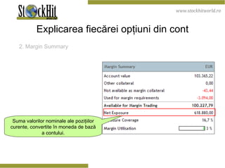 Explicarea fiecărei opţiuni din cont 2. Margin Summary   Suma valorilor nominale ale poziţiilor curente, convertite în moneda de bază a contului. 