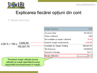 Explicarea fiecărei opţiuni din cont 2. Margin Summary   Procentul marjei utilizate  ( suma  utili zată ca marjă raportată la suma disponibilă tranzacţionarea în marjă). 3.094,00 100.227,79  3,08 % = 100 x 