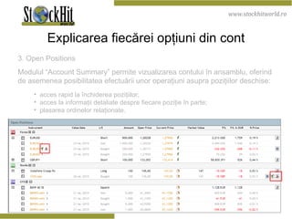 Explicarea fiecărei opţiuni din cont 3. Open  P ositions  Modulul “Account Summary” permite vizualizarea contului în ansamblu, oferind de asemenea posibilitatea efectuării unor operaţiuni asupra poziţiilor deschise: acces rapid la închiderea poziţiilor; acces la informaţii detaliate despre fiecare poziţie în parte; plasarea ordinelor relaţionate. 