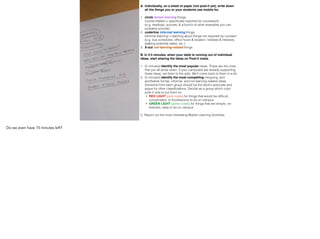 A. Individually, on a sheet of paper (not post-it yet), write down  
all the things you or your students use mobile for."
!
1. circle formal learning things 
course-related = speciﬁcally required for coursework  
(e.g. readings, quizzes, & a bunch of other examples you can
probably provide)
2. underline informal learning things  
informal learning = learning about things not required by courses* 
(e.g. bus schedules, ofﬁce hours & location, hobbies & interests,
stalking potential dates, etc.)
3. X-out not-learning-related things
!
B. In 3-5 minutes, when your table is running out of individual
ideas, start sharing the ideas on Post-it notes.  
1. (5 minutes) Identify the most popular ideas. These are the ones
that you all wrote down. If your campuses are already supporting
these ideas, set them to the side. We'll come back to them in a bit.
2. (5 minutes) Identify the most compelling intriguing, and
worthwhile formal, informal, and not learning-related ideas.
Someone from each group should be the devil's advocate and
argue for other classiﬁcations. Decide as a group which color
post-it note to put them on
• RED LIGHT (pink notes) for things that would be difﬁcult,
complicated, or troublesome to do on campus
• GREEN LIGHT (green notes) for things that are simple, no-
brainers, easy to do on campus 
C. Report out the most interesting Mobile Learning Activities.
Do we even have 15 minutes left?
 