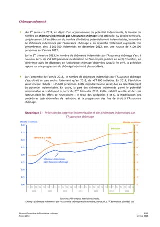 Situation	
  financière	
  de	
  l’Assurance	
  chômage	
   	
   	
   6/11	
  
Année	
  2013	
   	
   	
   23	
  mai	
  2013Année	
  2013	
   	
   	
   23	
  mai	
  2013
Chômage	
  indemnisé	
  
	
  
+ 	
  Au	
   1er
	
   semestre	
   2012,	
   en	
   dépit	
   d’un	
   accroissement	
   du	
   potentiel	
   indemnisable,	
   la	
   hausse	
   du	
  
nombre	
  de	
  chômeurs	
  indemnisés	
  par	
  l’Assurance	
  chômage	
  s’est	
  atténuée.	
  Au	
  second	
  semestre,	
  
conjointement	
  à	
  l’accélération	
  du	
  nombre	
  d’individus	
  potentiellement	
  indemnisables,	
  le	
  nombre	
  
de	
   chômeurs	
   indemnisés	
   par	
   l’Assurance	
   chômage	
   a	
   en	
   revanche	
   fortement	
   augmenté.	
   On	
  
dénombrerait	
   ainsi	
   2	
  262	
  300	
   indemnisés	
   en	
   décembre	
   2012,	
   soit	
   une	
   hausse	
   de	
   +100	
  100	
  
personnes	
  sur	
  l’année	
  2012.	
  	
  
Sur	
  le	
  1er
	
  trimestre	
  2013,	
  le	
  nombre	
  de	
  chômeurs	
  indemnisés	
  par	
  l’Assurance	
  chômage	
  s’est	
  à	
  
nouveau	
  accru	
  de	
  +57	
  400	
  personnes	
  (estimation	
  de	
  Pôle	
  emploi,	
  publiée	
  en	
  avril).	
  Toutefois,	
  en	
  
cohérence	
  avec	
  les	
  dépenses	
  de	
  l’Assurance	
  chômage	
  observées	
  jusqu’à	
  fin	
  avril,	
  la	
  prévision	
  
repose	
  sur	
  une	
  progression	
  du	
  chômage	
  indemnisé	
  plus	
  modérée.	
  
	
  
+ Sur	
  l’ensemble	
  de	
  l’année	
  2013,	
  	
  le	
  nombre	
  de	
  chômeurs	
  indemnisés	
  par	
  l’Assurance	
  chômage	
  
s’accroîtrait	
   un	
   peu	
   moins	
   fortement	
   qu’en	
   2012,	
   de	
   +77	
  800	
   individus.	
   En	
   2014,	
   l’évolution	
  
serait	
  encore	
  réduite	
  :	
  +65	
  600	
  personnes.	
  Cette	
  moindre	
  hausse	
  serait	
  due	
  au	
  ralentissement	
  
du	
   potentiel	
   indemnisable.	
   En	
   outre,	
   la	
   part	
   des	
   chômeurs	
   indemnisés	
   parmi	
   le	
   potentiel	
  
indemnisable	
  se	
  stabiliserait	
  à	
  partir	
  du	
  2ème
	
  trimestre	
  2013.	
  Cette	
  stabilité	
  résulterait	
  de	
  trois	
  
facteurs	
  dont	
   les	
   effets	
   se	
   neutralisent	
   :	
   le	
   recul	
   des	
   catégories	
   B	
   et	
   C,	
   la	
   modification	
   des	
  
procédures	
   opérationnelles	
   de	
   radiation,	
   et	
   la	
   progression	
   des	
   fins	
   de	
   droit	
   à	
   l’Assurance	
  
chômage.	
  	
  
	
  
Graphique	
  3	
  -­‐	
  	
  Prévision	
  du	
  potentiel	
  indemnisable	
  et	
  des	
  chômeurs	
  indemnisés	
  par	
  
l’Assurance	
  chômage	
  
2
2
3
3
4
4
5
5
6
1,00
1,25
1,50
1,75
2,00
2,25
2,50
2,75
3,00
T1 T2 T3 T4 T1 T2 T3 T4 T1 T2 T3 T4 T1 T2 T3 T4 T1 T2 T3 T4 T1 T2 T3 T4 T1 T2 T3 T4
2008 2009 2010 2011 2012 2013 2014
Effectifs en millionsEffectifs en millions
Prévision
DEFM	
  A	
  B	
  C	
  +	
  DRE
Chômeurs	
  indemnisés
par	
  l'Assurance	
  chômage
	
  
Sources	
  :	
  Pôle	
  emploi,	
  Prévisions	
  Unédic.	
  
Champ	
  :	
  Chômeurs	
  indemnisés	
  par	
  l’Assurance	
  chômage	
  France	
  entière,	
  hors	
  CRP,	
  CTP,	
  formation,	
  données	
  cvs.	
  
 