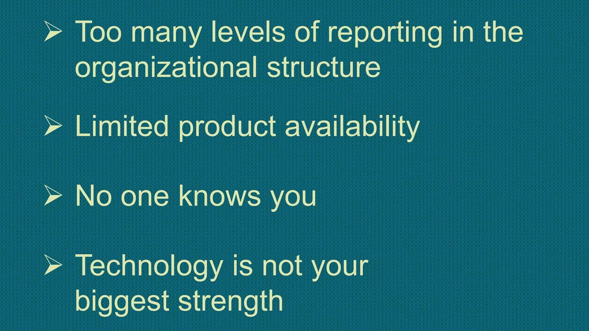  Too many levels of reporting in the
organizational structure
 Limited product availability
 No one knows you
 Technology is not your
biggest strength
 