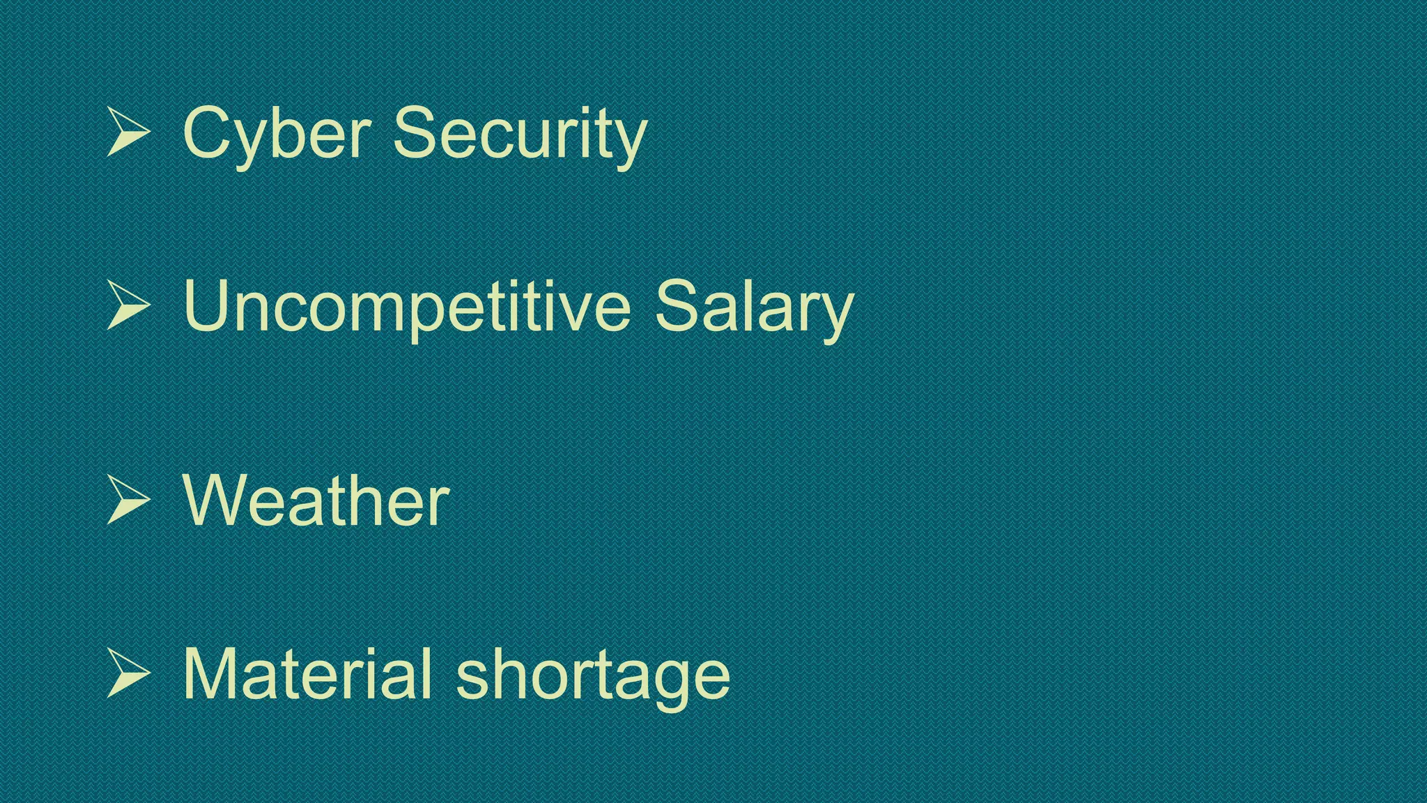  Cyber Security
 Uncompetitive Salary
 Weather
 Material shortage
 