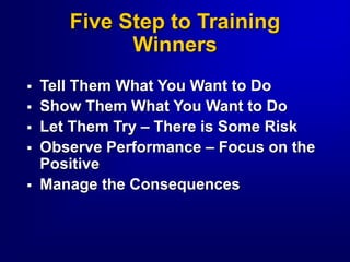  Tell Them What You Want to Do
 Show Them What You Want to Do
 Let Them Try – There is Some Risk
 Observe Performance – Focus on the
Positive
 Manage the Consequences
Five Step to Training
Winners
 