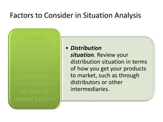 Factors to Consider in Situation Analysis
• Distribution
situation. Review your
distribution situation in terms
of how you get your products
to market, such as through
distributors or other
intermediaries.
When
considering
performing a
situation
analysis of
your business,
it is important
to look at
several factors:
 