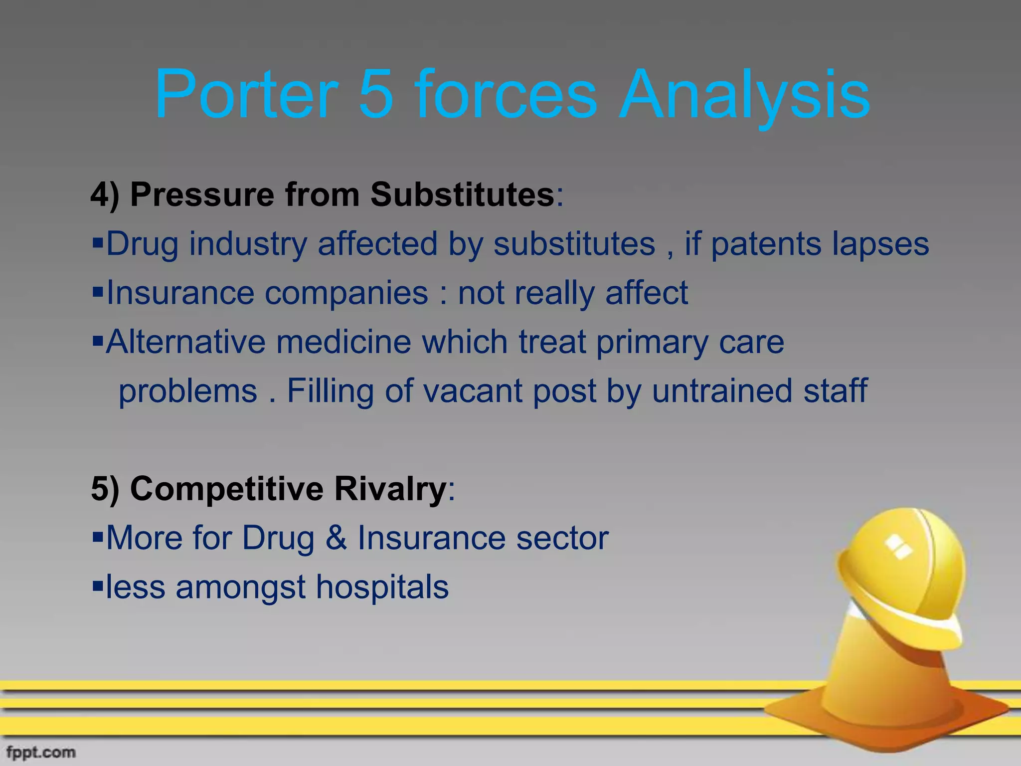 Porter 5 forces Analysis
4) Pressure from Substitutes:
Drug industry affected by substitutes , if patents lapses
Insurance companies : not really affect
Alternative medicine which treat primary care
problems . Filling of vacant post by untrained staff
5) Competitive Rivalry:
More for Drug & Insurance sector
less amongst hospitals
 