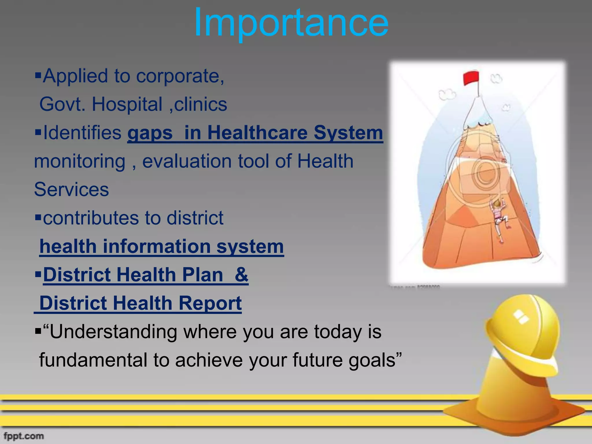 Importance
Applied to corporate,
Govt. Hospital ,clinics
Identifies gaps in Healthcare System
monitoring , evaluation tool of Health
Services
contributes to district
health information system
District Health Plan &
District Health Report
“Understanding where you are today is
fundamental to achieve your future goals”
 