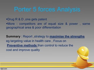 Porter 5 forces Analysis
Drug R & D ,one gets patent
More : competitors are of equal size & power , same
geographical area & poor differentiation
Summary : Report ,strategy to maximise the strengths
eg targeting value in health care , Focus on
Preventive methods than control to reduce the
cost and improve quality
 