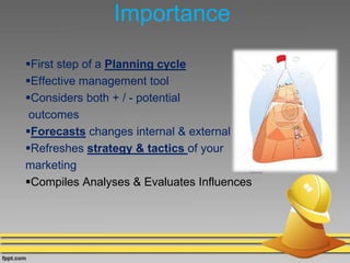 Importance
First step of a Planning cycle
Effective management tool
Considers both + / - potential
outcomes
Forecasts changes internal & external
Refreshes strategy & tactics of your
marketing
Compiles Analyses & Evaluates Influences
 