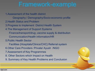 Framework-example
1.Assessment of the health district
Geography / Demography/Socio-economic profile
2.Health Status and Problem
3.Progress to Implement District Health System
4.The Management of Support Systems
Finance/transport/drug ,vaccine supply & distribution
Communication/Health information/HR
5.Public Health Sector
Facilities {Hospitals/Clinics/CHC} Referral system
6.Other Care Providers :Private/ Ayush /NGO
7.Assessment of Key Programmes
8. Other Sectors which Impact on Health
9. Summary of Key Health Problems and Conclusion
 