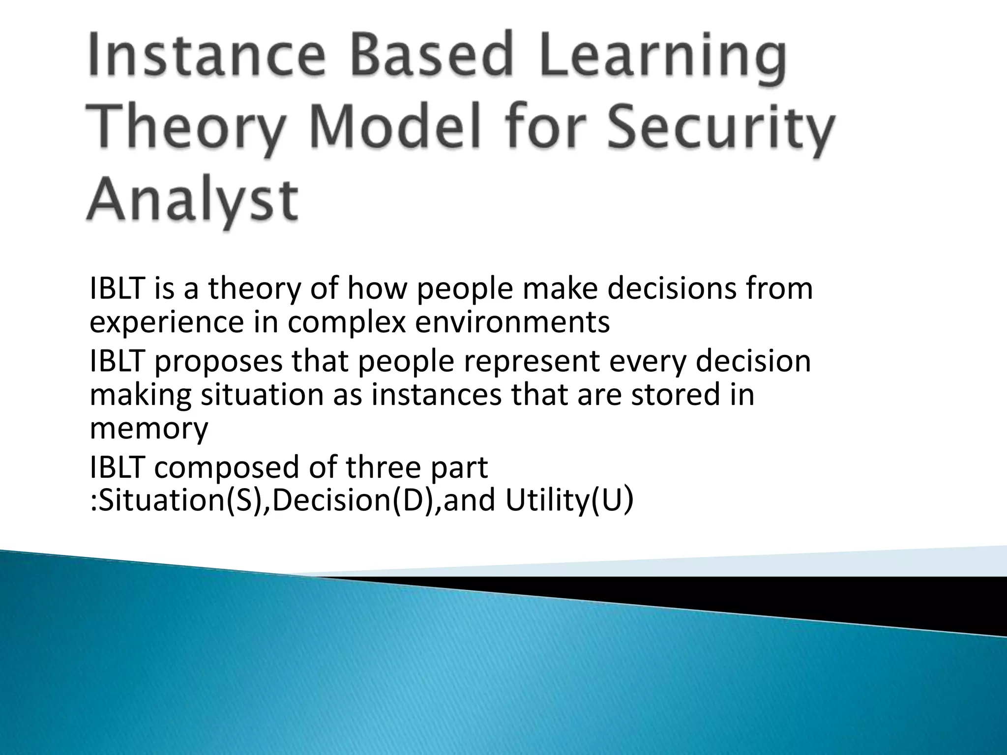 IBLT is a theory of how people make decisions from
experience in complex environments
IBLT proposes that people represent every decision
making situation as instances that are stored in
memory
IBLT composed of three part
:Situation(S),Decision(D),and Utility(U)
 