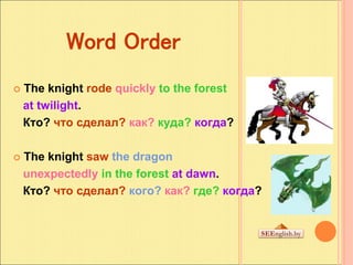 Word Order
 The knight rode quickly to the forest
at twilight.
Кто? что сделал? как? куда? когда?
 The knight saw the dr...