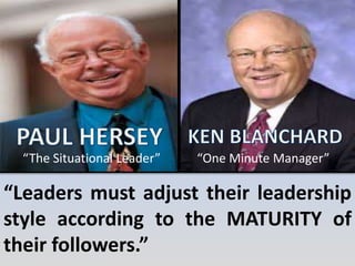 “The Situational Leader” “One Minute Manager” 
“Leaders must adjust their leadership 
style according to the MATURITY of 
their followers.” 
 
