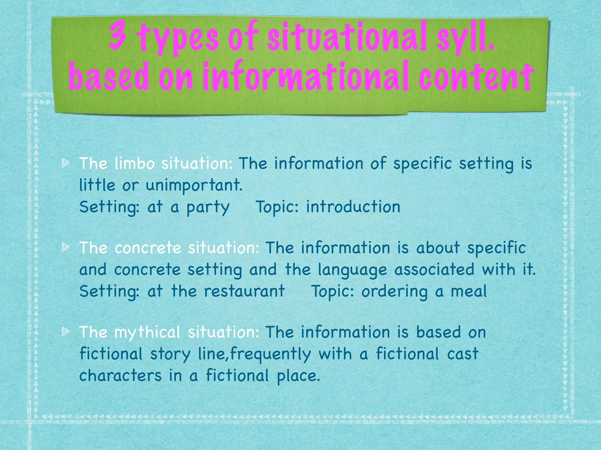 3 types of situational syll.
based on informational content
The limbo situation: The information of specific setting is
little or unimportant.
Setting: at a party Topic: introduction

The concrete situation: The information is about specific
and concrete setting and the language associated with it.
Setting: at the restaurant Topic: ordering a meal

The mythical situation: The information is based on
fictional story line,frequently with a fictional cast
characters in a fictional place.
 