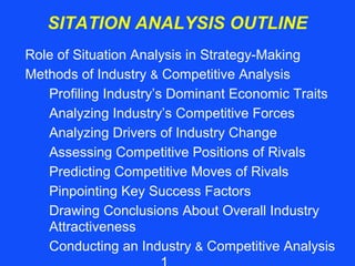 SITATION ANALYSIS OUTLINE
Role of Situation Analysis in Strategy-Making
Methods of Industry & Competitive Analysis
Profiling Industry’s Dominant Economic Traits
Analyzing Industry’s Competitive Forces
Analyzing Drivers of Industry Change
Assessing Competitive Positions of Rivals
Predicting Competitive Moves of Rivals
Pinpointing Key Success Factors
Drawing Conclusions About Overall Industry
Attractiveness
Conducting an Industry & Competitive Analysis
 