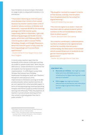 ‌
have‌‌
limitations‌‌
on‌‌
account‌‌
of‌‌
poor‌‌
information‌‌
on‌‌
usage‌‌
or‌‌
poor‌‌
or‌‌
unequal‌‌
administration‌‌
in‌‌
its‌‌
distribution.‌ ‌ ‌
‌
“I‌‌
have‌‌
been‌‌
receiving‌‌
an‌‌
internet‌‌
quota‌‌
since‌‌
October‌‌
that‌‌
I‌‌
think‌‌
is‌‌
from‌‌
school‌‌
because‌‌
my‌‌
teacher‌‌
used‌‌
to‌‌
make‌‌
a‌‌
list‌‌
of‌‌
students’‌‌
phone‌‌
numbers.‌‌
In‌‌
October‌‌
and‌‌
November,‌‌
I‌‌
received‌‌
30‌‌
GB‌‌
for‌‌
the‌‌
learning‌‌
package‌‌
and‌‌
5‌‌
GB‌‌
internet‌‌
quota‌‌
respectively.‌‌
While‌‌
in‌‌
December,‌‌
I‌‌
got‌‌
a‌‌
60‌‌
GB‌‌
learning‌‌
package‌‌
and‌‌
10‌‌
GB‌‌
internet‌‌
quota,‌‌
which‌‌
last‌‌
until‌‌
February‌‌
2021.‌‌
The‌‌
internet‌‌
quota‌‌
is‌‌
able‌‌
to‌‌
access‌‌
TikTok,‌‌
WhatsApp,‌‌
Google,‌‌
and‌‌
Google‌‌
Classroom.‌‌
When‌‌
the‌‌
internet‌‌
quota‌‌
is‌‌
fully‌‌
used,‌‌
the‌‌
learning‌‌
package‌‌
can’t‌‌
access‌‌
those‌‌
applications”‌‌ ‌
-‌‌
‌
Student,‌‌
18,‌‌
North‌‌
Timor‌‌
Tengah‌‌
District,‌‌
East‌‌
Nusa‌‌
Tenggara‌‌ ‌
‌
In‌‌
remote‌‌
areas,‌‌
teachers‌‌
report‌‌
that‌‌
the‌‌
bandwidth‌‌
of‌‌
the‌‌
internet‌‌
is‌‌
often‌‌
poor‌‌
and‌‌
they‌‌
are‌‌
unable‌‌
to‌‌
upload‌‌
student‌‌
data.‌ ‌
When‌‌
they‌‌
are‌‌
able‌‌
to‌‌
do‌‌
so,‌ ‌
uneven‌‌
distribution‌‌
or‌‌
provision‌‌
for‌‌
all‌‌
students‌‌
from‌‌
the‌‌
backend‌‌
limits‌‌
the‌‌
implementation.‌ ‌
In‌‌
a‌‌
KPAI‌‌
Report‌‌
survey‌‌
titled,‌‌
‘Persepsi‌‌
Dan‌‌
Evaluasi‌‌
Guru‌‌
Terhadap‌‌
Pelaksanaan‌‌
Pembelajaran‌‌
Jarak‌‌
Jauh’‌‌
(Teachers'‌‌
Perceptions‌‌
and‌‌
Evaluations‌‌
of‌‌
the‌‌
Implementation‌‌
of‌‌
Distance‌‌
Learning)‌‌
of‌‌
the‌‌
602‌‌
private‌‌
and‌‌
public‌‌
school‌‌
teachers‌‌
less‌‌
than‌‌
25‌‌
per‌‌
cent‌‌
reported‌‌
their‌‌
school‌‌
provided‌‌
support‌‌
in‌‌
terms‌‌
of‌‌
training‌‌
and‌‌
giving‌‌
incentives‌‌
(providing‌‌
hotspots‌‌
and‌‌
internet‌‌
quota)‌‌
to‌‌
conduct‌‌
distance‌‌
learning‌‌
more‌‌
effectively.‌
148‌
‌
‌
Also,‌‌
the‌‌
proportion‌‌
of‌‌
teachers‌‌
in‌‌
private‌‌
schools‌‌
receiving‌‌
aid‌‌
from‌‌
their‌‌
school‌‌
is‌‌
relatively‌‌
greater‌‌
than‌‌
that‌‌
in‌‌
public‌‌
schools.‌‌
‌
149‌
‌
‌
‌
‌
148
KPAI‌‌
Report,‌‌
‌
Persepsi‌‌
Dan‌‌
Evaluasi‌‌
Guru‌‌
Terhadap‌‌
Pelaksanaan‌‌
Pembelajaran‌‌
Jarak‌‌
Jauh‌
,‌‌
16-20‌‌
April‌‌
2020.‌
‌
149
Alifia,‌‌
U.‌‌
et‌‌
al,‌‌
.‌
Learning‌‌
from‌‌
Home-‌‌
A‌‌
Portrait‌‌
of‌‌
Teaching‌‌
and‌‌
Learning‌‌
in‌‌
times‌‌
of‌‌
the‌‌
COVID-19‌‌
Pandemic,‌
‌ ‌
Smeru‌‌
Research‌‌
Institute,‌‌
Rep.‌‌
No.‌‌
1/2020,‌‌
2020,‌‌
pp.‌‌
1-8.‌‌ ‌
‌
“My‌‌
daughter‌‌
received‌‌
no‌‌
support‌‌
in‌‌
terms‌‌
of‌‌
free‌‌
devices,‌‌
subsidy,‌‌
internet‌‌
plans‌‌
from‌‌
the‌‌
government‌‌
for‌‌
her‌‌
school‌‌
for‌‌
digital‌‌
learning.”‌‌ ‌
-‌‌
Parent,‌‌
47,‌‌
Jember‌‌
City,‌‌
East‌‌
Java‌ ‌ ‌
‌ ‌
“The‌‌
internet‌‌
signal‌‌
is‌‌
so‌‌
weak.‌‌
I‌ ‌
have‌‌
not‌‌
even‌‌
been‌‌
able‌‌
to‌‌
upload‌‌
students'‌‌
phone‌‌
numbers‌‌
to‌‌
the‌‌
central‌‌
database‌‌
to‌‌
allow‌‌
them‌‌
to‌‌
obtain‌‌
quota.”‌ ‌ ‌
-‌‌
Teacher,‌‌
44,‌‌
Duren‌‌
Sawit,‌‌
East‌‌
Jakarta‌‌ ‌
“As‌‌
a‌‌
teacher‌‌
coordinator,‌‌
I‌‌
collected‌‌
phone‌‌
numbers‌‌
of‌‌
students‌‌
to‌‌
be‌‌
registered‌‌
and‌‌
verified‌‌
for‌‌
monthly‌‌
internet‌‌
quota‌‌
–‌‌
unfortunately,‌‌
the‌‌
data‌‌
seems‌‌
mismatched‌‌
which‌‌
caused‌‌
30‌‌
percent‌‌
of‌‌
students‌‌
to‌‌
not‌‌
get‌‌
the‌‌
internet‌‌
quota‌‌
from‌‌
the‌‌
government.”‌ ‌ ‌
-‌‌
Teacher,‌‌
35,‌‌
Lamongan‌‌
District‌‌
,‌‌
East‌‌
Java‌ ‌
‌
‌
‌
55‌ ‌ ‌
‌
‌ ‌
‌
‌
‌
‌
HOW‌‌
MIGHT‌‌
WE….‌‌ ‌
● Overcome‌‌
an‌‌
inhibitor:‌
‌ ‌
‌
How‌‌
might‌‌
we‌
‌‌
create‌‌
better‌‌
and‌‌
more‌‌
affordable‌‌
access‌‌
to‌‌
infrastructure‌‌
for‌‌
digital‌‌
learning‌‌
both‌‌
inside‌‌
and‌‌
out‌‌
of‌‌
schools?‌ ‌
● Fill‌‌
in‌‌
a‌‌
gap:‌‌
‌
How‌‌
might‌‌
we‌
‌‌
increase‌‌
effectiveness‌‌
of‌‌
distribution‌‌
and‌‌
information‌‌
around‌‌
usage‌‌
of‌‌
government‌‌
internet‌‌
quotas?‌‌ ‌
 