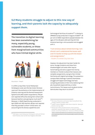 ‌
‌
‌
‌
5.2‌‌
Many‌‌
students‌‌
struggle‌‌
to‌‌
adjust‌‌
to‌‌
this‌‌
new‌‌
way‌‌
of‌‌
learning,‌‌
and‌‌
their‌‌
parents‌‌
lack‌‌
the‌‌
capacity‌‌
to‌‌
adequately‌‌
support‌‌
them‌
.‌ ‌
‌
‌
The‌‌
transition‌‌
to‌‌
digital‌‌
learning‌‌
has‌‌
been‌‌
overwhelming‌‌
for‌‌
many,‌‌
especially‌‌
young,‌‌
vulnerable‌‌
students,‌‌
or‌‌
those‌‌
from‌‌
marginalised‌‌
communities‌‌
who‌‌
have‌‌
limited‌‌
digital‌‌
skills.‌‌ ‌
‌
‌
Illustration‌‌
:‌‌
Freepik‌ ‌
In‌‌
a‌‌
KPAI‌‌
survey‌‌
titled,‌‌
‘‌
Survei‌‌
Pelaksanaan‌‌
Pembelajaran‌‌
Jarak‌‌
Jauh‌‌
(PJJ)‌‌
dan‌‌
Sistem‌‌
Penilaian‌‌
Jarak‌‌
Jauh’‌
‌‌
(Surveillance‌‌
on‌‌
the‌‌
Implementation‌‌
of‌‌
Distance‌‌
Learning‌‌
and‌‌
the‌‌
Remote‌‌
Assessment‌‌
System)‌‌
with‌‌
246‌‌
student‌‌
respondents,‌‌
77.8‌‌
per‌‌
cent‌‌
reported‌‌
difficulties‌‌
doing‌‌
their‌‌
school‌‌
work‌‌
because‌‌
teachers‌‌
were‌‌
giving‌‌
too‌‌
much‌‌
work‌
204‌
.‌‌
Moreover,‌‌
in‌‌
MoEC‌‌
Rapid‌‌
Survey‌‌
conducted‌‌
in‌‌
April‌‌
2020‌‌
with‌‌
422‌‌
teachers,‌‌
60‌‌
per‌‌
cent‌‌
reported‌ ‌
that‌‌
they‌‌
provided‌‌
‘uniform’‌‌
school‌‌
work,‌‌
not‌‌
accounting‌‌
for‌‌
the‌‌
diverse‌‌
capabilities‌‌
and‌‌
204
‌
‌
KPAI‌‌
Report,‌‌
‌
SurveI‌‌
Pelaksanaan‌‌
Pembelajaran‌‌
Jarak‌‌
Jauh‌‌
(PJJ)‌‌
dan‌‌
Sistem‌‌
Penilaian‌‌
Jarak‌‌
Jauh‌‌
Ber‌‌
basis‌‌
Pengaduan‌‌
KPAI‌
,‌‌
2020.‌‌ ‌
technological‌‌
facilities‌‌
of‌‌
students‌
205‌
.‌‌
In‌‌
Nielsen’s‌‌
OMNIBUS‌‌
Survey‌‌
‌
conducted‌‌
in‌‌
August‌‌
of‌‌
2020‌
206‌
,‌‌
‌
76‌‌
per‌‌
cent‌‌
of‌‌
2000‌‌
respondents‌‌
(people‌‌
between‌‌
the‌‌
ages‌‌
of‌‌
15‌‌
to‌‌
65‌‌
years‌‌
old)‌‌
said‌‌
they‌‌
felt‌‌
that‌‌
distance‌‌
learning‌‌
is‌‌
not‌‌
successful‌‌
and‌‌
struggled‌‌
with‌‌
it.‌ ‌
‌
“I‌‌
am‌‌
anxious‌‌
about‌‌
remote‌‌
learning.‌‌
I‌‌
am‌‌
afraid‌‌
I‌‌
can’t‌‌
understand‌‌
the‌‌
lesson‌‌
well‌‌
and‌‌
it’s‌‌
harder‌‌
to‌‌
keep‌‌
up‌‌
with‌‌
the‌‌
lesson‌‌
and‌‌
assignments.”‌‌ ‌
-‌‌
Student,‌‌
13,‌‌
Jember‌‌
City,‌‌
East‌‌
Java‌ ‌
‌
However,‌‌
the‌‌
adjustment‌‌
has‌‌
been‌‌
harder‌‌
for‌‌
some.‌‌
Younger‌‌
students‌‌
and‌‌
those‌‌
from‌‌
disadvantaged‌‌
rural‌‌
areas‌‌
often‌‌
require‌‌
hand-holding‌‌
and‌‌
extra‌‌
support‌‌
from‌‌
family‌‌
members‌‌
or‌‌
friends‌‌
to‌‌
attend‌‌
their‌‌
lessons‌‌
and‌‌
complete‌‌
assignments,‌‌
owing‌‌
to‌‌
their‌‌
limited‌‌
familiarity‌‌
with‌‌
digital‌‌
technology.‌‌
This‌‌
presents‌‌
a‌‌
compounded‌‌
challenge‌‌
if‌‌
parents‌‌
themselves‌‌
struggle‌‌
with‌‌
digital‌‌
technology‌‌
and‌‌
have‌‌
competing‌‌
demands‌‌
on‌‌
their‌‌
time,‌‌
balancing‌‌
their‌‌
job,‌‌
household‌‌
responsibilities,‌‌
or‌‌
other‌‌
commitments.‌‌
This‌‌
leaves‌‌
such‌‌
students‌‌
further‌‌
behind‌‌
when‌‌
they‌‌
return‌‌
to‌‌
school‌
207‌
.‌ ‌
‌
‌
‌
205
‌
‌
Ministry‌‌
of‌‌
Education‌‌
and‌‌
Culture,‌
‌‌
Rapid‌‌
Survey‌‌
Results:‌‌
Key‌‌
Findings,‌‌
Indonesia‌
,‌‌
3-8‌‌
April‌‌
2020.‌‌ ‌
206
‌
‌
UNICEF:‌‌
Nielsen‌‌
OMNIBUS,‌‌
‌
Public‌‌
View‌‌
on‌‌
School‌‌
Re‌‌
-‌‌
Opening‌‌
&‌‌
Distance‌‌
Learning‌
.,‌‌
2020.‌‌ ‌
207
‌
‌
Barasa,‌‌
Arjuni‌‌
Rahmi‌‌
and‌‌
Shintia‌‌
Revina,‌‌
‘Home‌‌
schooling‌‌
exacerbates‌‌
inequalities.‌‌
More‌‌
options‌‌
are‌‌
needed‌‌
for‌‌
reopening‌‌
schools’,‌‌
‌
University‌‌
of‌‌
Melbourne:‌‌
Indonesia‌‌
at‌‌
Melbourne‌
,‌‌
2020.‌‌
<‌
https://indonesiaatmelbourne.unimelb.edu.au/more-options-neede‌
d-for-reopening-schools-to-stop-disadvantaged-students-falling-furt‌
her-behind/‌
‌‌
>‌ ‌
‌
‌
69‌ ‌ ‌
‌
‌ ‌
‌
‌
 