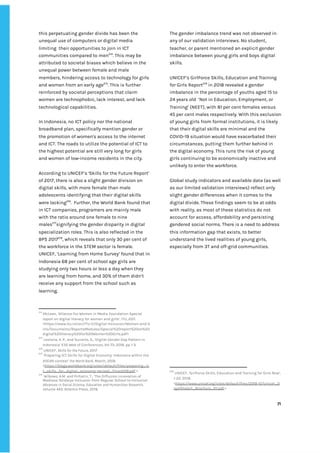 ‌
this‌‌
perpetuating‌‌
gender‌‌
divide‌‌
has‌‌
been‌‌
the‌‌
unequal‌‌
use‌‌
of‌‌
computers‌‌
or‌‌
digital‌‌
media‌‌
limiting‌ ‌
their‌‌
opportunities‌‌
to‌‌
join‌‌
in‌‌
ICT‌‌
communities‌‌
compared‌‌
to‌‌
men‌
214‌
.‌‌
This‌‌
may‌‌
be‌‌
attributed‌‌
to‌‌
societal‌‌
biases‌‌
which‌‌
believe‌‌
in‌‌
the‌‌
unequal‌‌
power‌‌
between‌‌
female‌‌
and‌‌
male‌‌
members,‌‌
hindering‌‌
access‌‌
to‌‌
technology‌‌
for‌‌
girls‌‌
and‌‌
women‌‌
from‌‌
an‌‌
early‌‌
age‌
215‌
.‌‌
This‌‌
is‌‌
further‌‌
reinforced‌‌
by‌‌
societal‌‌
perceptions‌‌
that‌‌
claim‌‌
women‌‌
are‌‌
technophobic,‌‌
lack‌‌
interest,‌‌
and‌‌
lack‌‌
technological‌‌
capabilities.‌ ‌
‌
In‌‌
Indonesia,‌‌
no‌‌
ICT‌‌
policy‌‌
nor‌‌
the‌‌
national‌‌
broadband‌‌
plan,‌‌
specifically‌‌
mention‌‌
gender‌‌
or‌‌
the‌‌
promotion‌‌
of‌‌
women's‌‌
access‌‌
to‌‌
the‌‌
internet‌‌
and‌‌
ICT.‌‌
The‌‌
roads‌‌
to‌‌
utilize‌‌
the‌‌
potential‌‌
of‌‌
ICT‌‌
to‌‌
the‌‌
highest‌‌
potential‌‌
are‌‌
still‌‌
very‌‌
long‌‌
for‌‌
girls‌‌
and‌‌
women‌‌
of‌‌
low-income‌‌
residents‌‌
in‌‌
the‌‌
city.‌ ‌
‌
According‌‌
to‌‌
UNICEF’s‌
‌‌
‘‌
Skills‌‌
for‌‌
the‌‌
Future‌‌
Report’‌‌
of‌‌
2017,‌‌
there‌‌
is‌‌
also‌‌
a‌‌
slight‌‌
gender‌‌
division‌‌
on‌‌
digital‌‌
skills,‌‌
with‌‌
more‌‌
female‌‌
than‌‌
male‌‌
adolescents‌‌
identifying‌‌
that‌‌
their‌‌
digital‌‌
skills‌‌
were‌‌
lacking‌
216‌
.‌ ‌
Further,‌‌
the‌‌
World‌‌
Bank‌‌
found‌‌
that‌‌
in‌‌
ICT‌‌
companies,‌‌
programers‌‌
are‌‌
mainly‌‌
male‌‌
with‌‌
the‌‌
ratio‌‌
around‌‌
one‌‌
female‌‌
to‌‌
nine‌‌
males‌
217‌
signifying‌‌
the‌‌
gender‌‌
disparity‌‌
in‌‌
digital‌‌
specialization‌‌
roles.‌‌
This‌‌
is‌‌
also‌‌
reflected‌‌
in‌‌
the‌‌
BPS‌‌
2017‌
218‌
,‌‌
which‌‌
reveals‌‌
that‌‌
only‌‌
30‌‌
per‌‌
cent‌‌
of‌‌
the‌‌
workforce‌‌
in‌‌
the‌‌
STEM‌‌
sector‌‌
is‌‌
female.‌‌ ‌
UNICEF,‌‌
’Learning‌‌
from‌‌
Home‌‌
Survey’‌‌
found‌‌
that‌‌
in‌‌
Indonesia‌‌
68‌‌
per‌‌
cent‌‌
of‌‌
school‌‌
age‌‌
girls‌‌
are‌‌
studying‌‌
only‌‌
two‌‌
hours‌‌
or‌‌
less‌‌
a‌‌
day‌‌
when‌‌
they‌‌
are‌‌
learning‌‌
from‌‌
home,‌‌
and‌‌
30%‌‌
of‌‌
them‌‌
didn’t‌‌
receive‌‌
any‌‌
support‌‌
from‌‌
the‌‌
school‌‌
such‌‌
as‌‌
learning.‌ ‌ ‌
‌
214
‌
McLean,‌‌
‘Alliance‌‌
For‌‌
Women‌‌
in‌‌
Media‌‌
Foundation‌‌
Special‌‌
report‌‌
on‌‌
digital‌‌
literacy‌‌
for‌‌
women‌‌
and‌‌
girls’,‌‌
ITU,‌‌
2011.‌‌
<https://www.itu.int/en/ITU-D/Digital-Inclusion/Women-and-G‌
irls/Documents/ReportsModules/Special%20report%20on%20‌
digital%20literacy%20for%20Women%20Girls.pdf>‌ ‌ ‌
215
‌
‌
Lestaria,‌‌
A.‌‌
P.,‌‌
and‌‌
Sunarto,‌‌
S.,‌‌
‘Digital‌‌
Gender‌‌
Gap‌‌
Pattern‌‌
in‌‌
Indonesia’‌‌
E3S‌‌
Web‌‌
of‌‌
Conferences,‌‌
Vol‌‌
73,‌‌
2018,‌‌
pp‌‌
1-3.‌‌ ‌
216
‌
‌
UNICEF,‌‌
‌
Skills‌‌
for‌‌
the‌‌
Future,‌‌
‌
2017‌ ‌
217
‌
‌
‘Preparing‌‌
ICT‌‌
Skills‌‌
for‌‌
Digital‌‌
Economy:‌‌
Indonesia‌‌
within‌‌
the‌‌
ASEAN‌‌
context’‌‌
‌
the‌‌
World‌‌
Bank,‌
‌‌
March,‌‌
2018.‌‌ ‌
<‌
https://blogs.worldbank.org/sites/default/files/preparing_ic‌
t_skills_for_digital_economy-revised_7mar2018.pdf‌
‌‌
>‌ ‌
218
‌
Wibowo,‌‌
A.M.‌‌
and‌‌
Prihatin,‌‌
T.,‌‌
‘The‌‌
Diffusion‌‌
Innovation‌‌
of‌‌
Madrasa‌‌
Ibtidaiya‌‌
Inclusion‌‌
from‌‌
Regular‌‌
School‌‌
to‌‌
Inclusive’.‌‌
Advances‌‌
in‌‌
Social‌‌
Science,‌‌
Education‌‌
and‌‌
Humanities‌‌
Research‌
,‌‌
volume‌‌
443.‌‌
Atlantis‌‌
Press,‌‌
2019.‌‌ ‌
The‌‌
gender‌‌
imbalance‌‌
trend‌‌
was‌‌
not‌‌
observed‌‌
in‌‌
any‌‌
of‌‌
our‌‌
validation‌‌
interviews.‌‌
No‌‌
student,‌‌
teacher,‌‌
or‌‌
parent‌‌
mentioned‌‌
an‌‌
explicit‌‌
gender‌‌
imbalance‌‌
between‌‌
young‌‌
girls‌‌
and‌‌
boys‌‌
digital‌‌
skills.‌‌ ‌
‌
UNICEF’s‌‌
GirlForce‌‌
Skills,‌‌
Education‌‌
and‌‌
Training‌‌
for‌‌
Girls‌‌
Report‌
219‌
‌
‌
in‌‌
2018‌‌
revealed‌‌
a‌‌
gender‌‌
imbalance‌‌
in‌‌
the‌‌
percentage‌‌
of‌‌
youths‌‌
aged‌‌
15‌‌
to‌‌
24‌‌
years‌‌
old‌ ‌
‘Not‌‌
in‌‌
Education,‌‌
Employment,‌‌
or‌‌
Training’‌‌
(NEET),‌‌
with‌‌
81‌‌
per‌‌
cent‌‌
females‌‌
versus‌‌
45‌‌
per‌‌
cent‌‌
males‌‌
respectively.‌‌
With‌‌
this‌‌
exclusion‌‌
of‌‌
young‌‌
girls‌‌
from‌‌
formal‌‌
institutions,‌‌
it‌‌
is‌‌
likely‌
that‌‌
their‌‌
digital‌‌
skills‌‌
are‌‌
minimal‌‌
and‌‌
the‌‌
COVID-19‌‌
situation‌‌
would‌‌
have‌‌
exacerbated‌‌
their‌‌
circumstances,‌‌
putting‌‌
them‌‌
further‌‌
behind‌‌
in‌‌
the‌‌
digital‌‌
economy.‌‌
This‌‌
runs‌‌
the‌‌
risk‌‌
of‌‌
young‌‌
girls‌‌
continuing‌‌
to‌‌
be‌‌
economically‌‌
inactive‌‌
and‌‌
unlikely‌‌
to‌‌
enter‌‌
the‌‌
workforce.‌‌ ‌
‌
Global‌‌
study‌‌
indicators‌‌
and‌‌
available‌‌
data‌‌
(as‌‌
well‌‌
as‌‌
our‌‌
limited‌‌
validation‌‌
interviews)‌‌
reflect‌‌
only‌ ‌
slight‌‌
gender‌‌
differences‌‌
when‌‌
it‌‌
comes‌‌
to‌‌
the‌‌
digital‌‌
divide.‌‌
These‌‌
findings‌‌
seem‌‌
to‌‌
be‌‌
at‌‌
odds‌‌
with‌‌
reality,‌‌
as‌‌
most‌‌
of‌‌
these‌‌
statistics‌‌
do‌‌
not‌‌
account‌‌
for‌‌
access,‌‌
affordability‌‌
and‌‌
persisting‌‌
gendered‌‌
social‌‌
norms.‌‌
There‌‌
is‌‌
a‌‌
need‌‌
to‌‌
address‌‌
this‌‌
information‌‌
gap‌‌
that‌‌
exists,‌‌
to‌‌
better‌‌
understand‌‌
the‌‌
lived‌‌
realities‌‌
of‌‌
young‌‌
girls,‌‌
especially‌‌
from‌‌
3T‌‌
and‌‌
off-grid‌‌
communities.‌‌ ‌
‌
‌
‌
‌
‌
‌
‌
‌
‌
‌
‌
‌
‌
‌
‌
219
‌
‌
UNICEF,‌‌
‘GirlForce‌‌
Skills,‌‌
Education‌‌
and‌‌
Training‌‌
for‌‌
Girls‌‌
Now’,‌ ‌
1-22,‌‌
2018.‌ ‌
<‌
https://www.unicef.org/sites/default/files/2018-10/Unicef_D‌
ayoftheGirl_Brochure_R7.pdf‌
.>‌‌ ‌
‌
‌
71‌ ‌ ‌
‌
‌ ‌
‌
‌
 